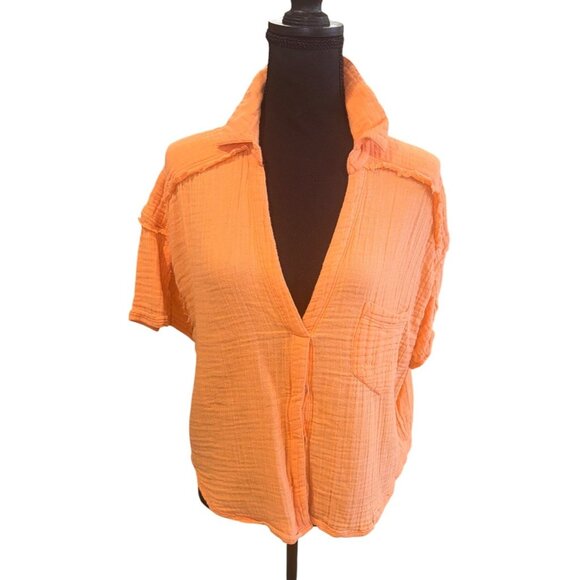 We The Free Orange Cotton Waffle Gauze Textured Short Sleeve Button-Up Shirt L - Picture 2 of 11